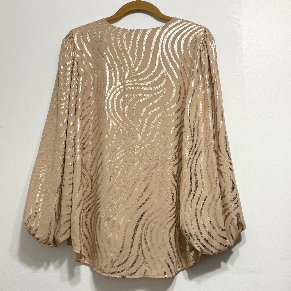 Gold Foil Ruched Sleeve Party Blouse V Neck ADRIENNE Size Small - Picture 3 of 6